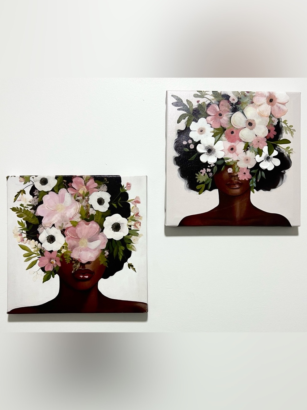 Beautiful Floral Portrait Canvas Wall Art Set - Pink, Black, Brown, Green, White